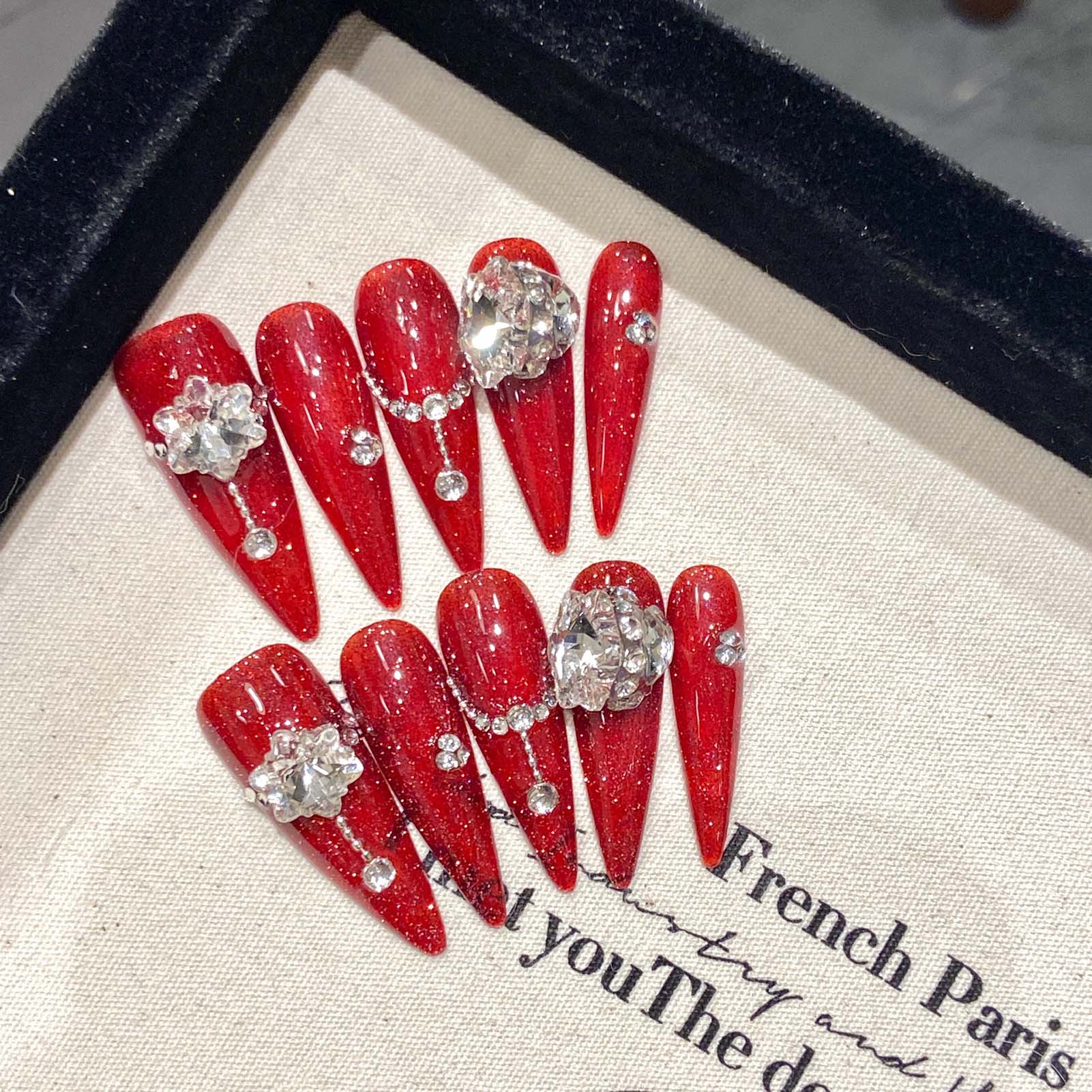 Pressed Flower Art - 10pcs Handmade Red False Nails Long