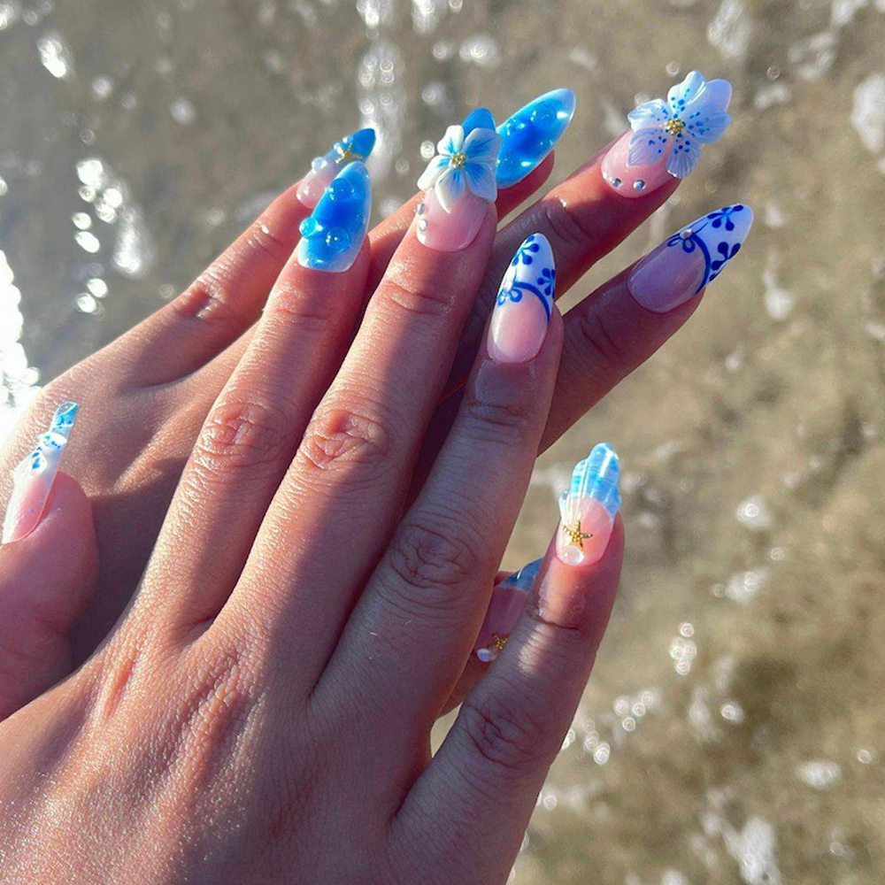 Pressed Flower Art - 10pcs French Gradient Blue With Shell&Floral
