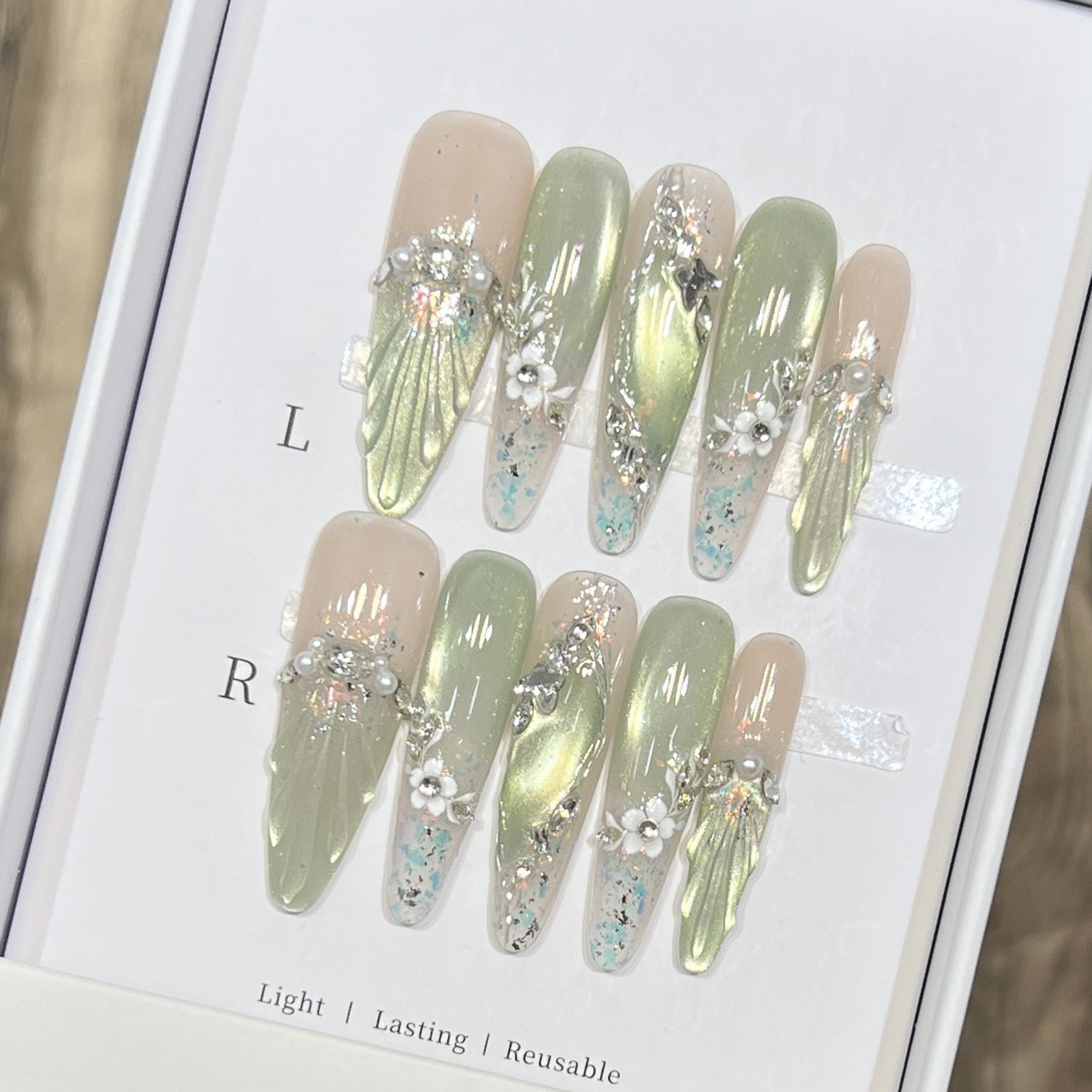 10pcs Long Almond Fake Nails T - Pressed Flower Art บทวิจารณ์และราคา