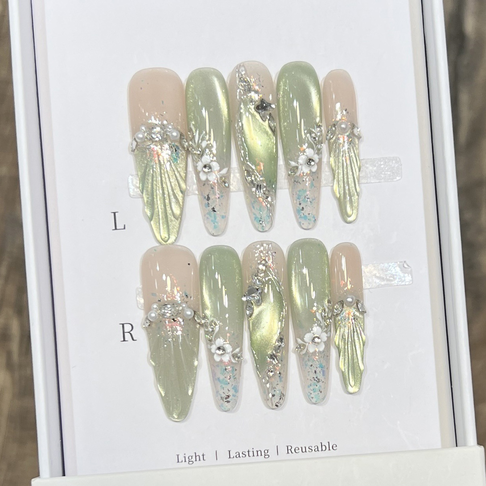 10pcs Long Almond Fake Nails T - Pressed Flower Art บทวิจารณ์และราคา