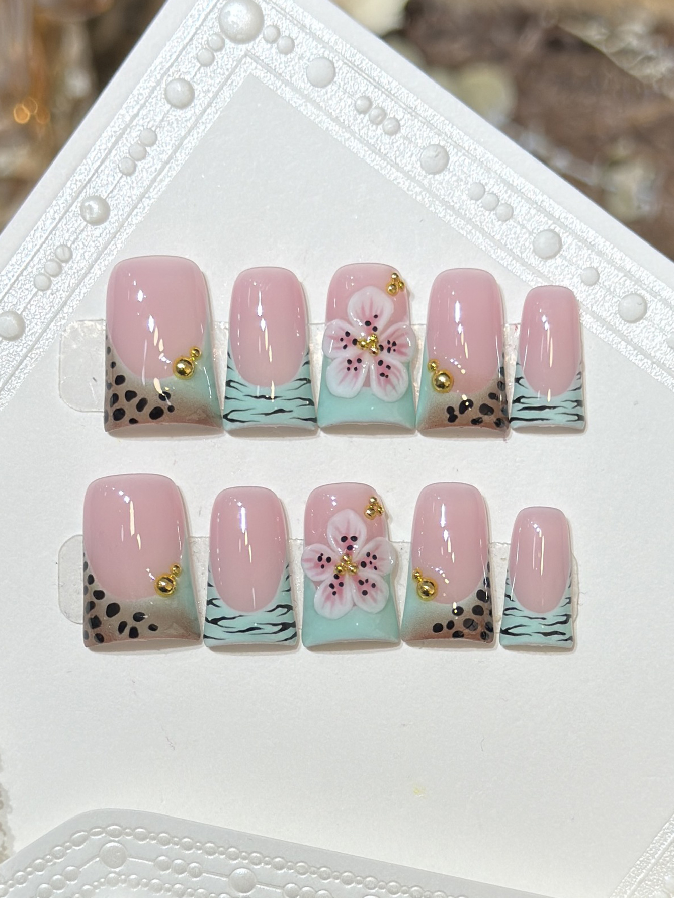 10pcs Press on Nails Duck Mout - Pressed Flower Art บทวิจารณ์และราคา