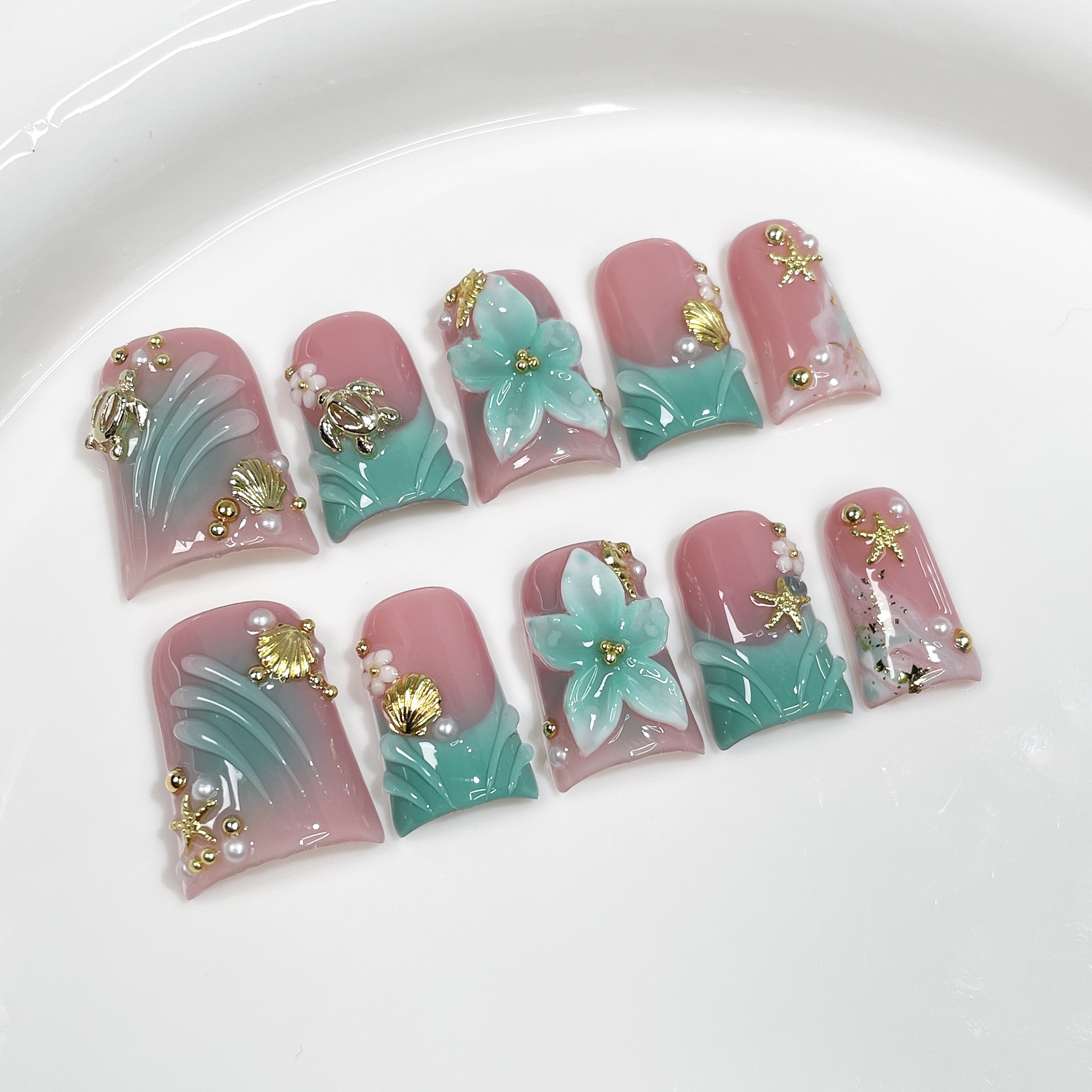 10pcs Ocean Style Fake Nails D - Pressed Flower Art บทวิจารณ์และราคา