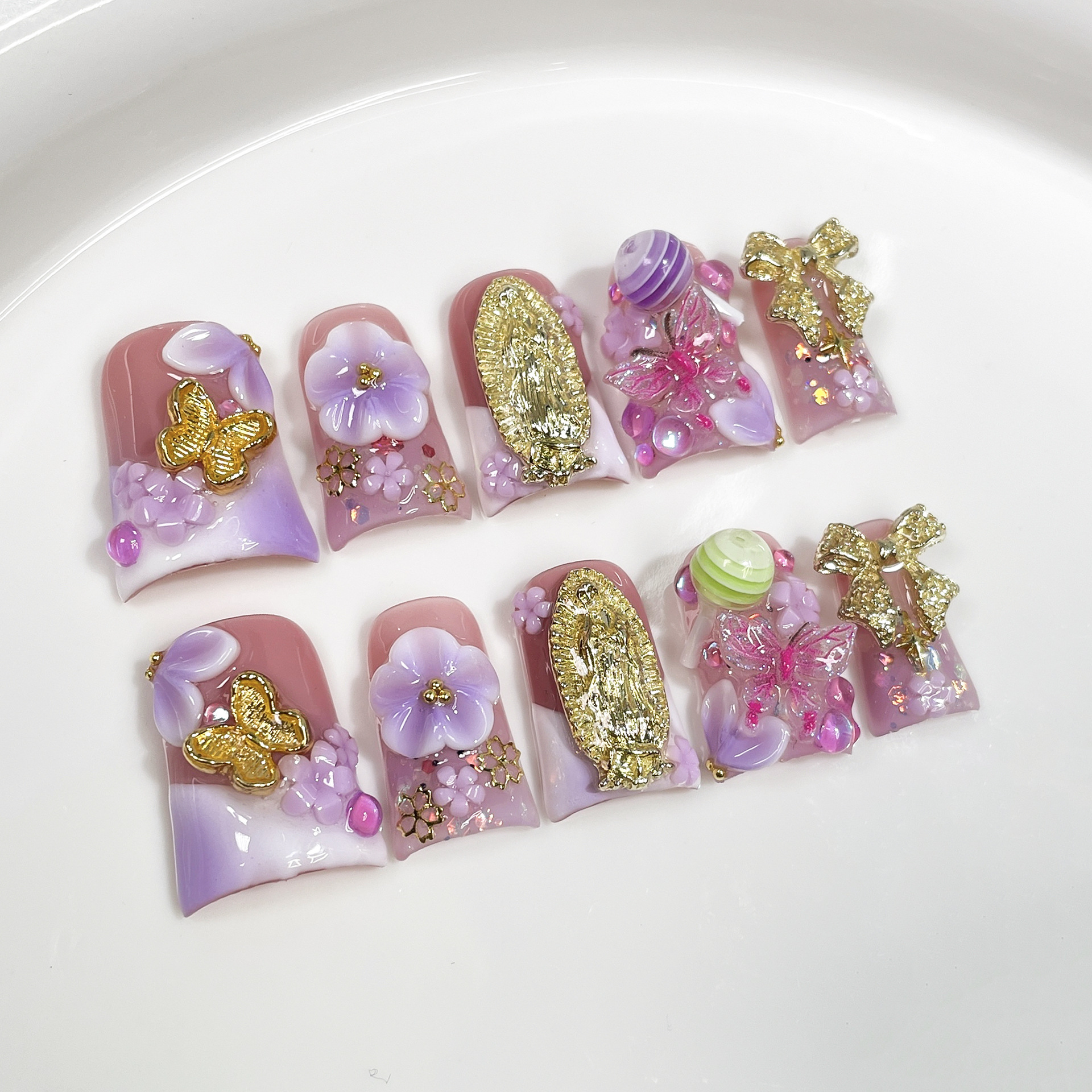 10pcs Ocean Style Fake Nails D - Pressed Flower Art บทวิจารณ์และราคา