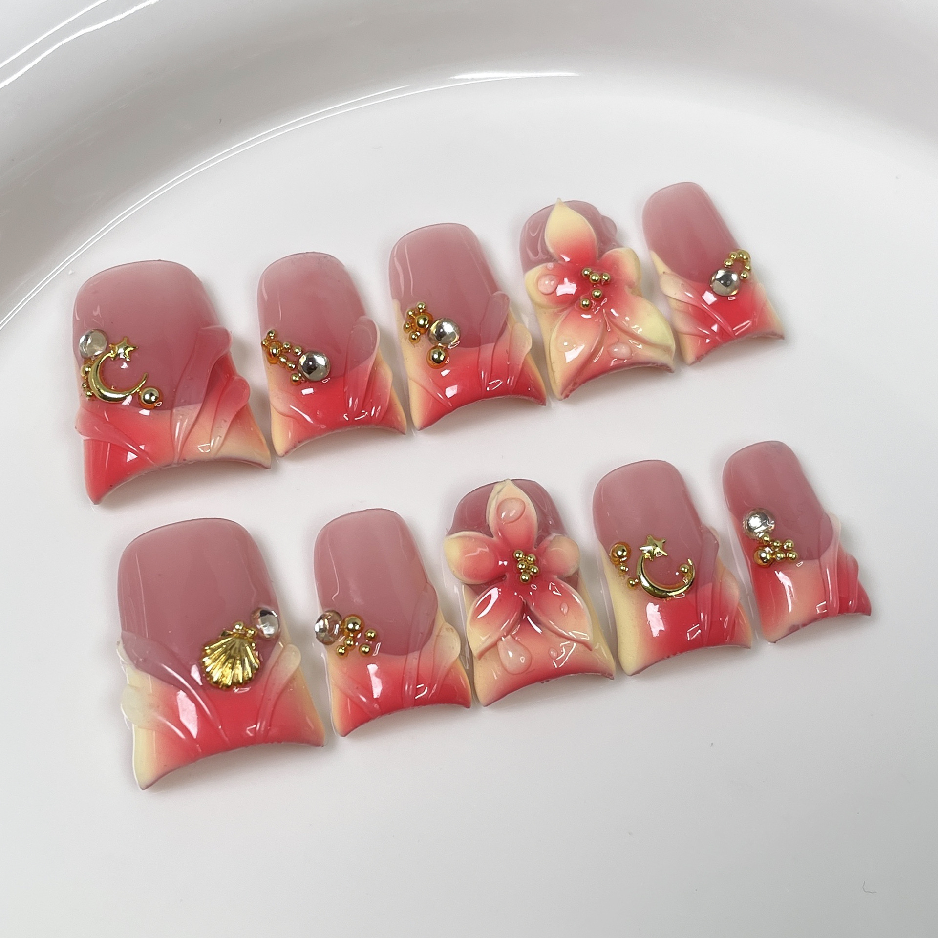 10pcs Ocean Style Fake Nails D - Pressed Flower Art บทวิจารณ์และราคา
