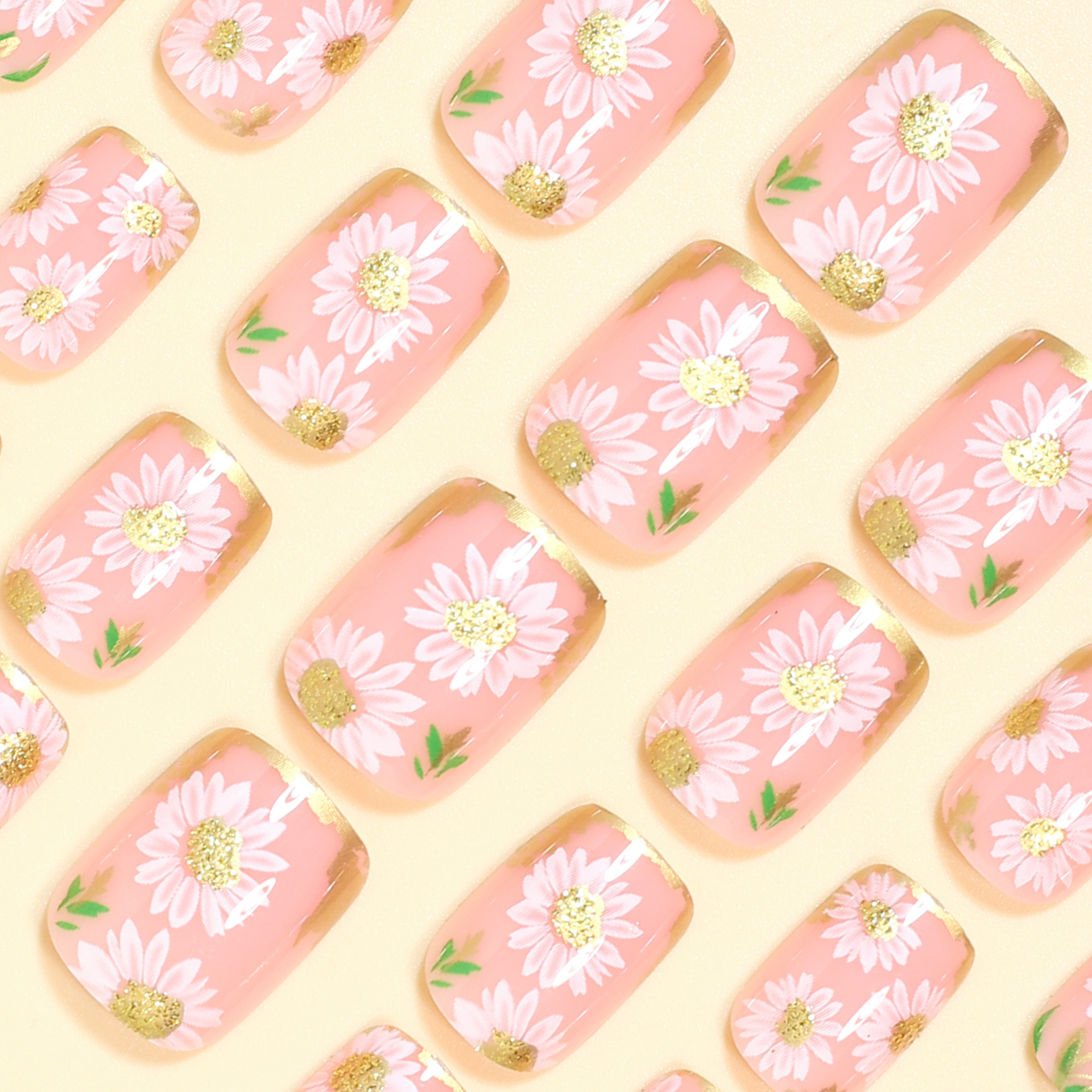 Short Square fake nails golden - Pressed Flower Art บทวิจารณ์และราคา