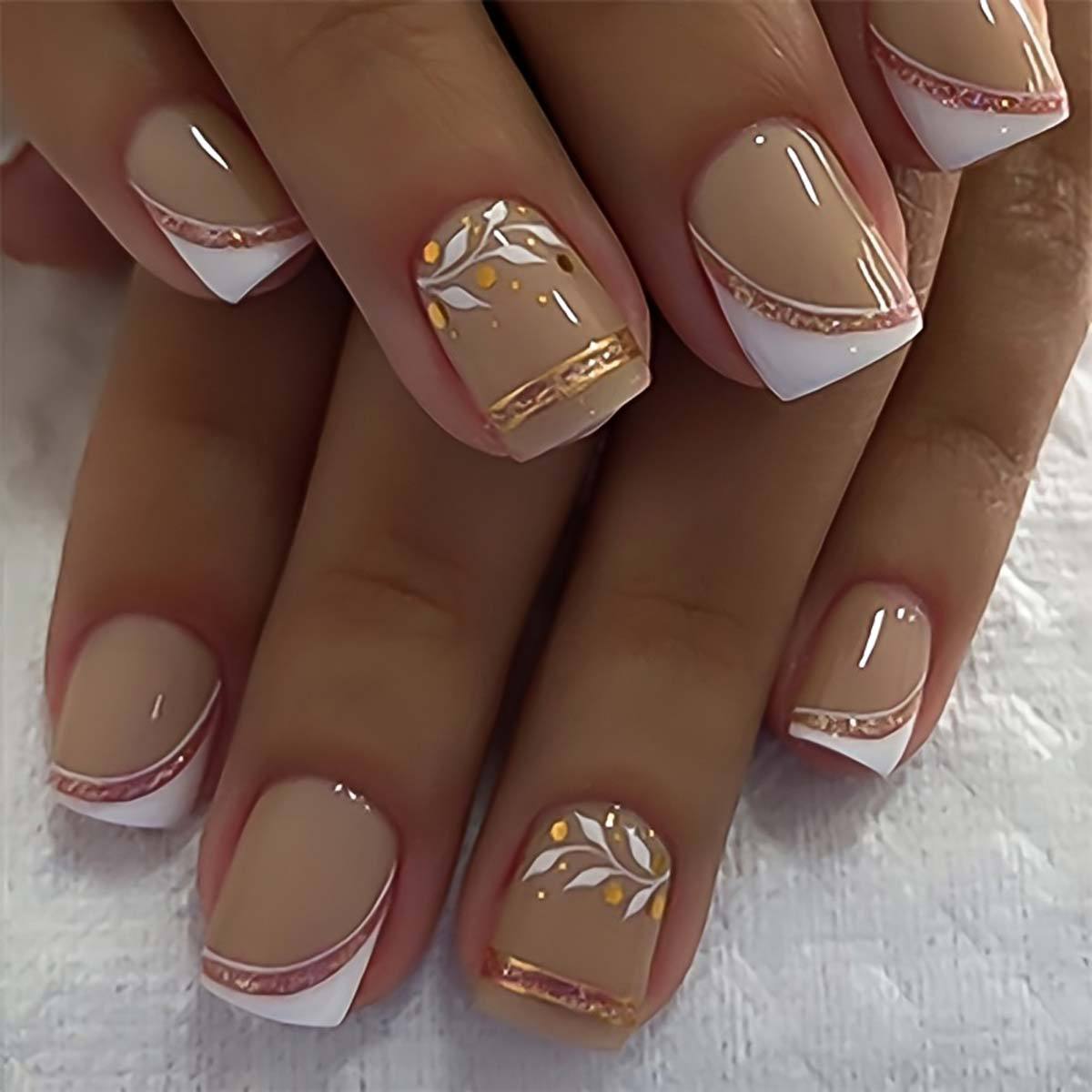 Short Square fake nails golden - Pressed Flower Art บทวิจารณ์และราคา