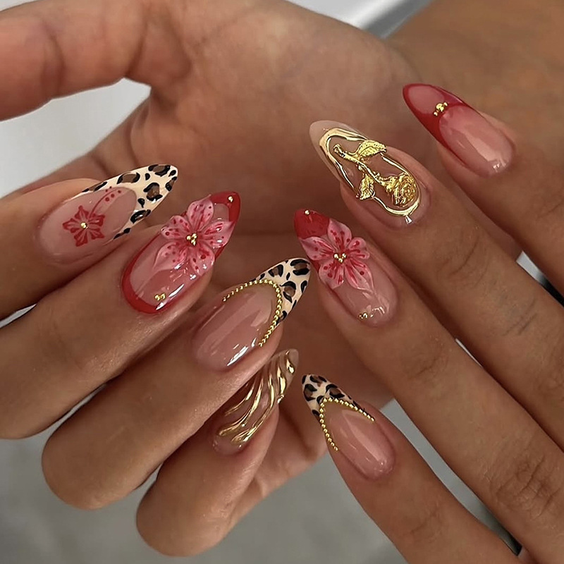 24pcs Red French Press on Nail - Pressed Flower Art บทวิจารณ์และราคา
