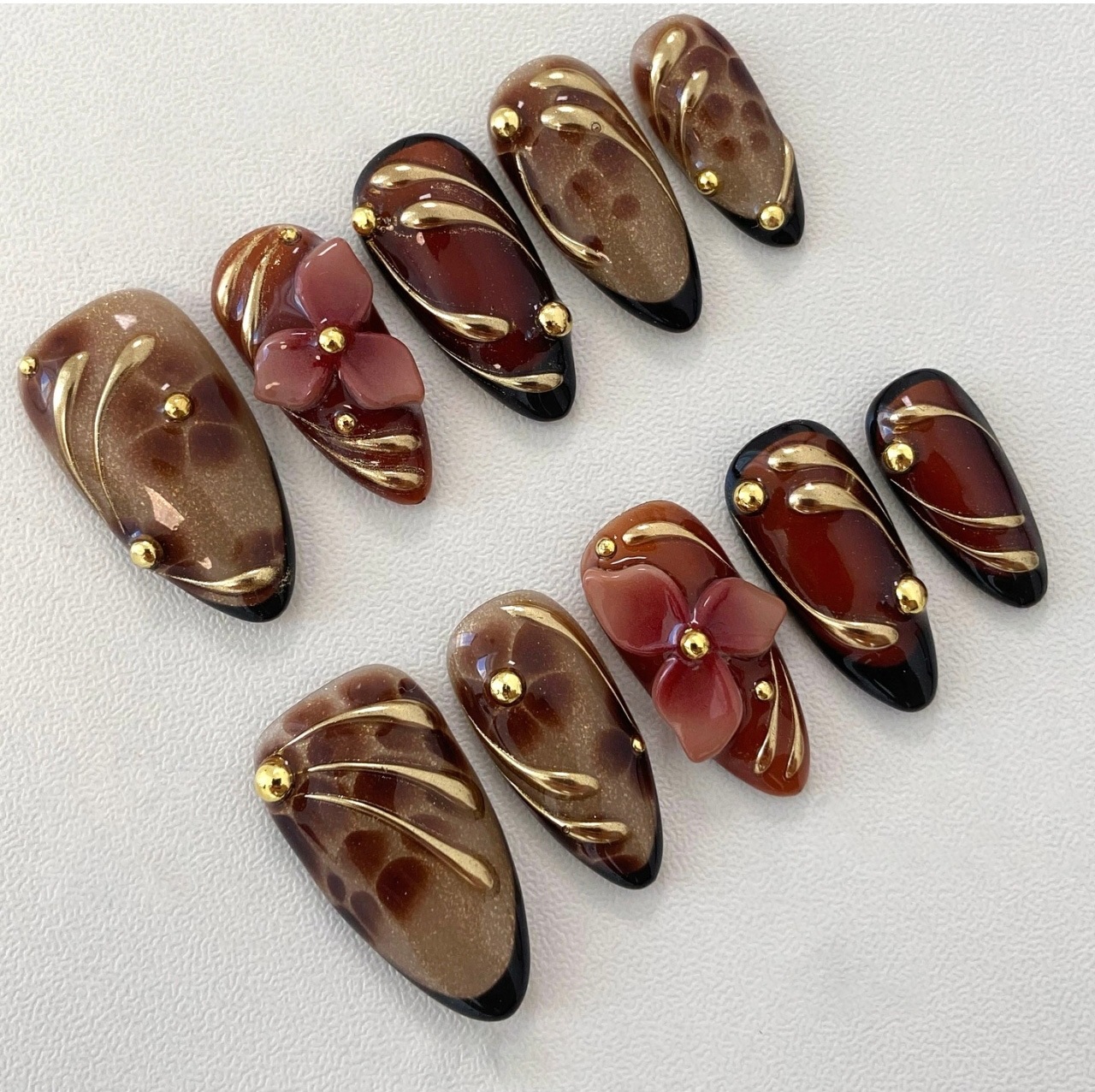 24pcs Leopard Print Brown Nail - Pressed Flower Art บทวิจารณ์และราคา